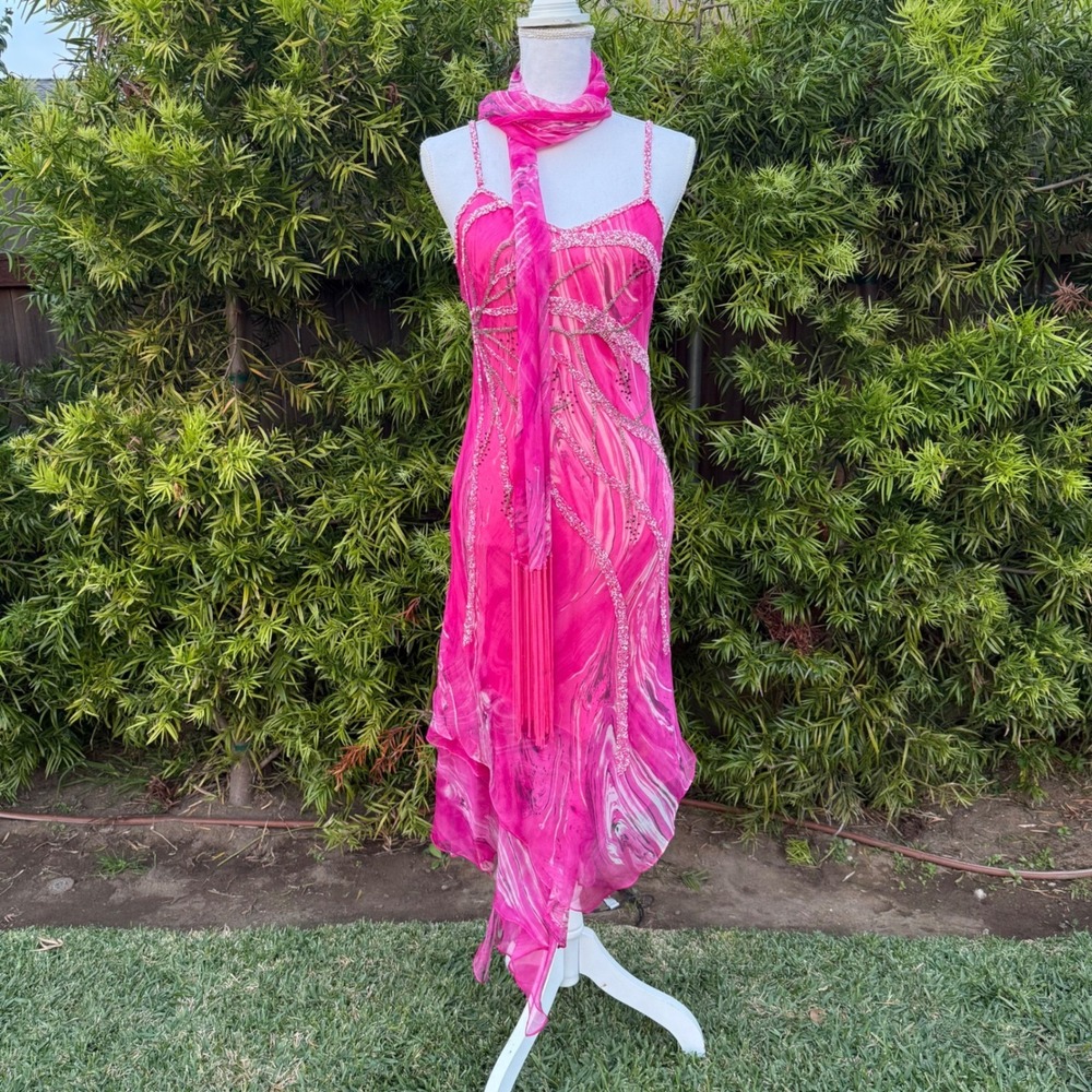 Paola Forti Silk Beaded‎ Slip Dress Scarf Set Hot Pink Draped Midi Size 44
